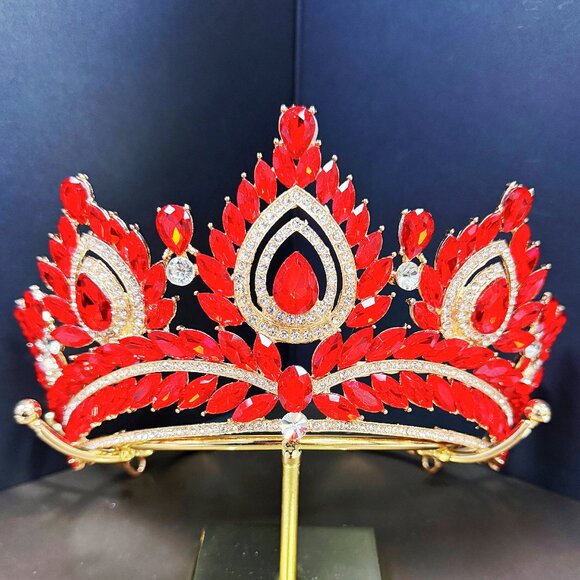 Quinceanera Crown, Red Rhinestone Crown, Large Size Crown, Gold Crystal Crown